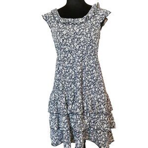 Angie Ruffled Dress, Flutter Sleeves Flowy Soft Girl Navy White Floral Size M